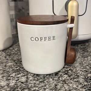 Magnolia White and Brown Coffee Canister with Wooden Lid